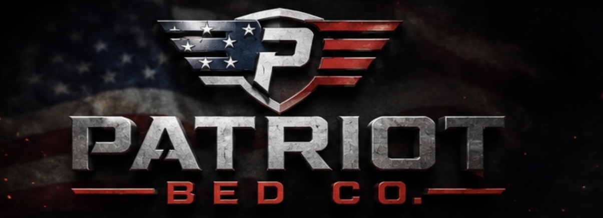 Patriot Bed Co logo — patriotic shield with stars and stripes, P monogram, and PATRIOT BED CO. wordmark